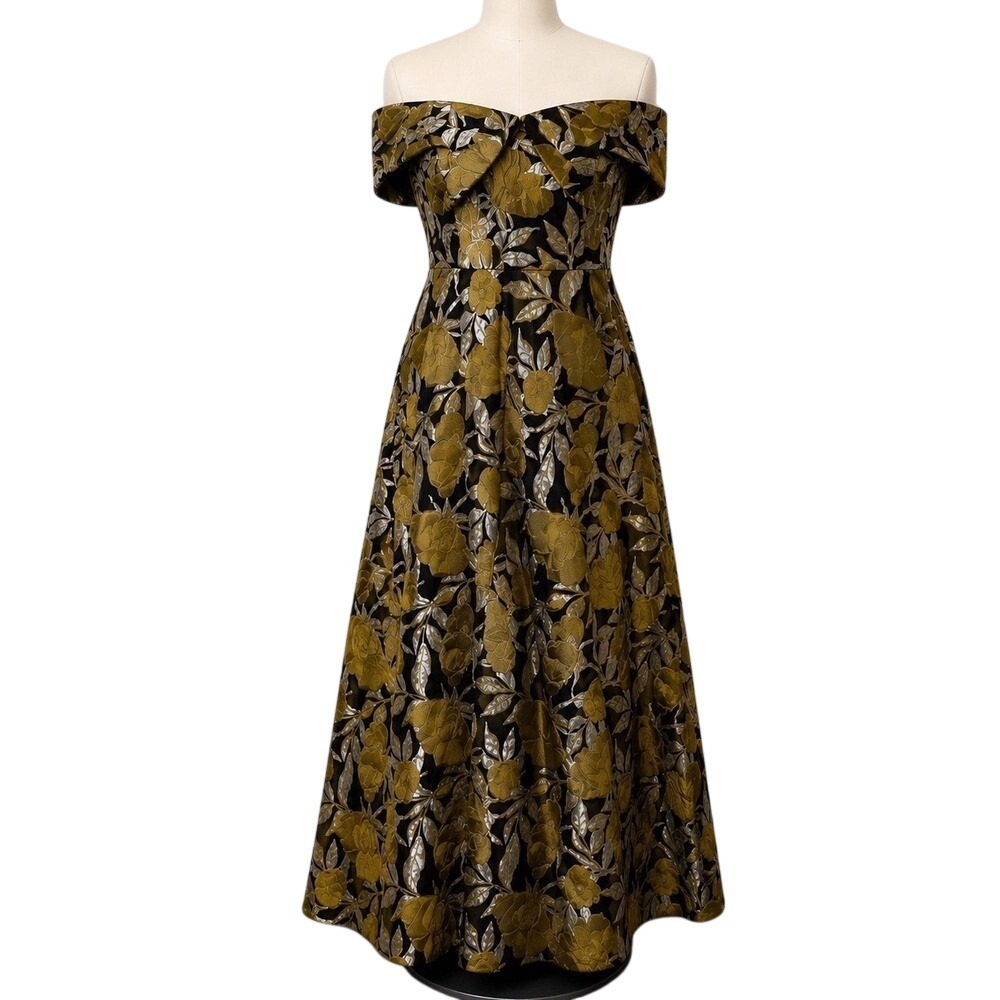 Theia Off Shoulder Floral Jacquard Ball Gown Black Gold Formal Dress 4